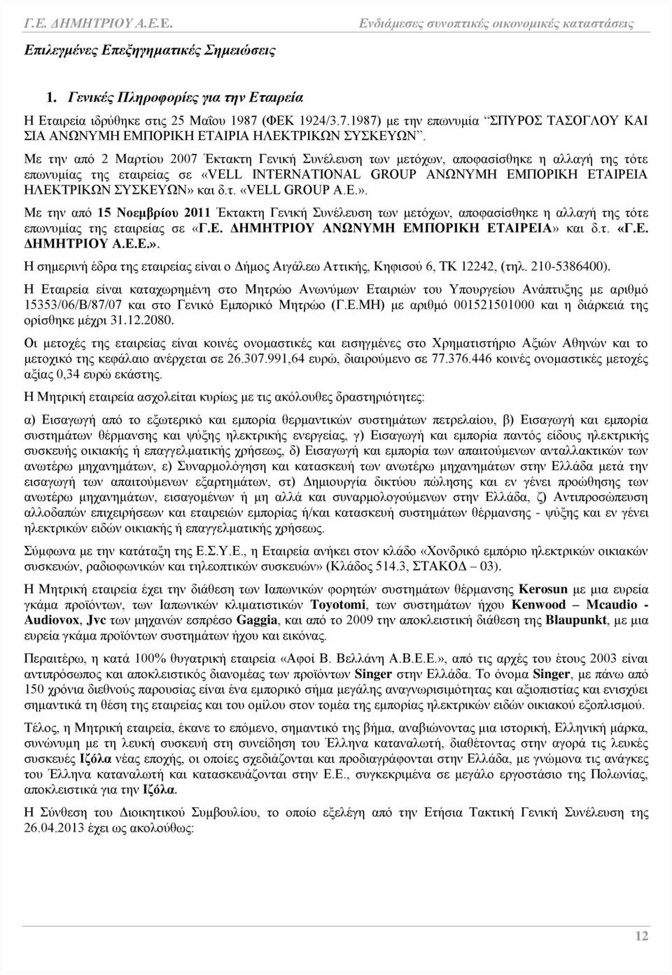 Με την από 2 Μαρτίου 2007 Έκτακτη Γενική Συνέλευση των μετόχων, αποφασίσθηκε η αλλαγή της τότε επωνυμίας της εταιρείας σε «VELL INTERNATIONAL GROUP ΑΝΩΝΥΜΗ ΕΜΠΟΡΙΚΗ ΕΤΑΙΡΕΙΑ ΗΛΕΚΤΡΙΚΩΝ ΣΥΣΚΕΥΩΝ» και