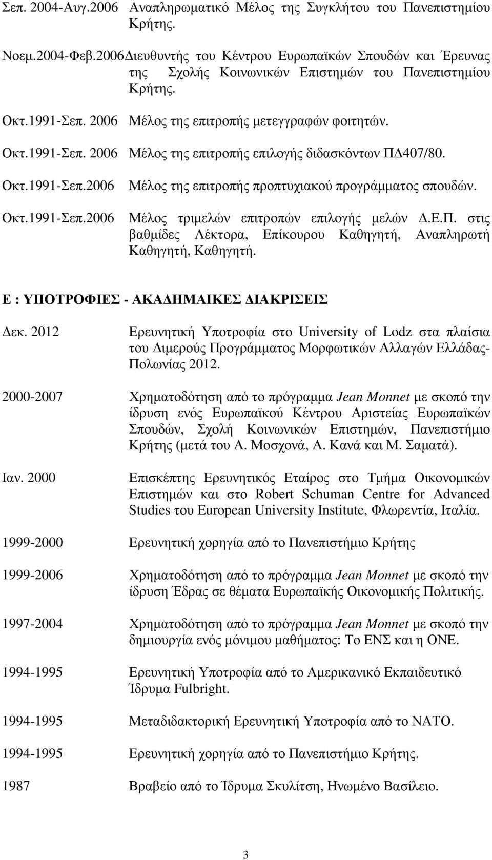 Οκτ.1991-Σεπ.2006 Οκτ.1991-Σεπ.2006 Μέλος της επιτροπής προπτυχιακού προγράµµατος σπουδών. Μέλος τριµελών επιτροπών επιλογής µελών.ε.π. στις βαθµίδες Λέκτορα, Επίκουρου Καθηγητή, Αναπληρωτή Καθηγητή, Καθηγητή.