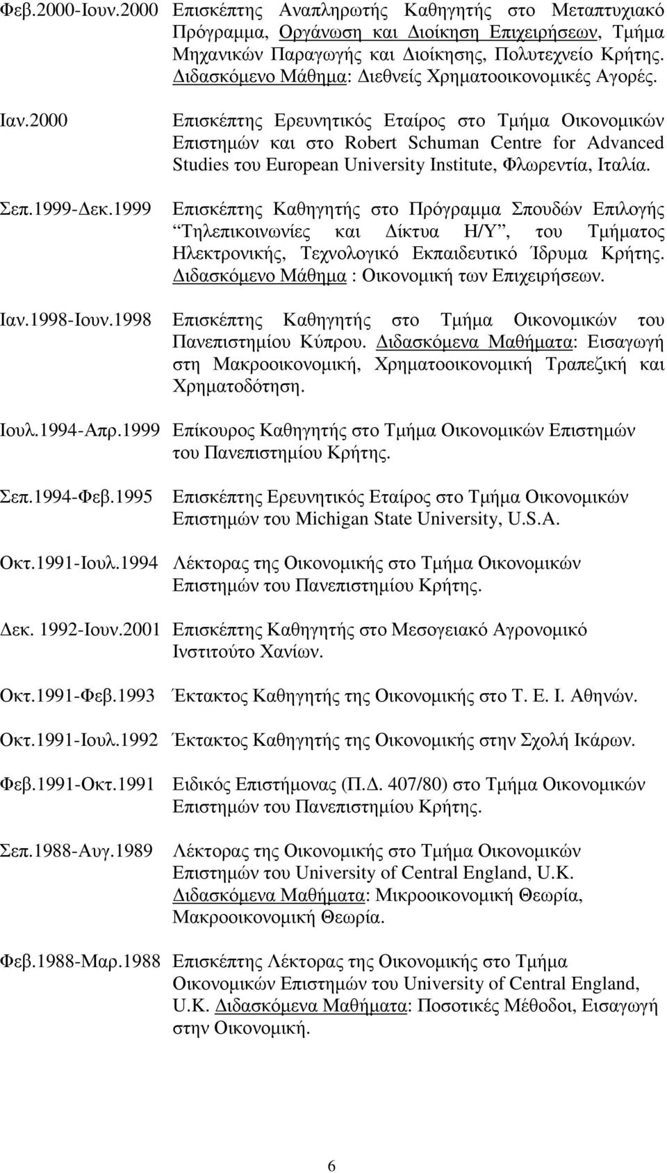 1999 Επισκέπτης Ερευνητικός Εταίρος στο Τµήµα Οικονοµικών Επιστηµών και στο Robert Schuman Centre for Advanced Studies του European University Institute, Φλωρεντία, Ιταλία.