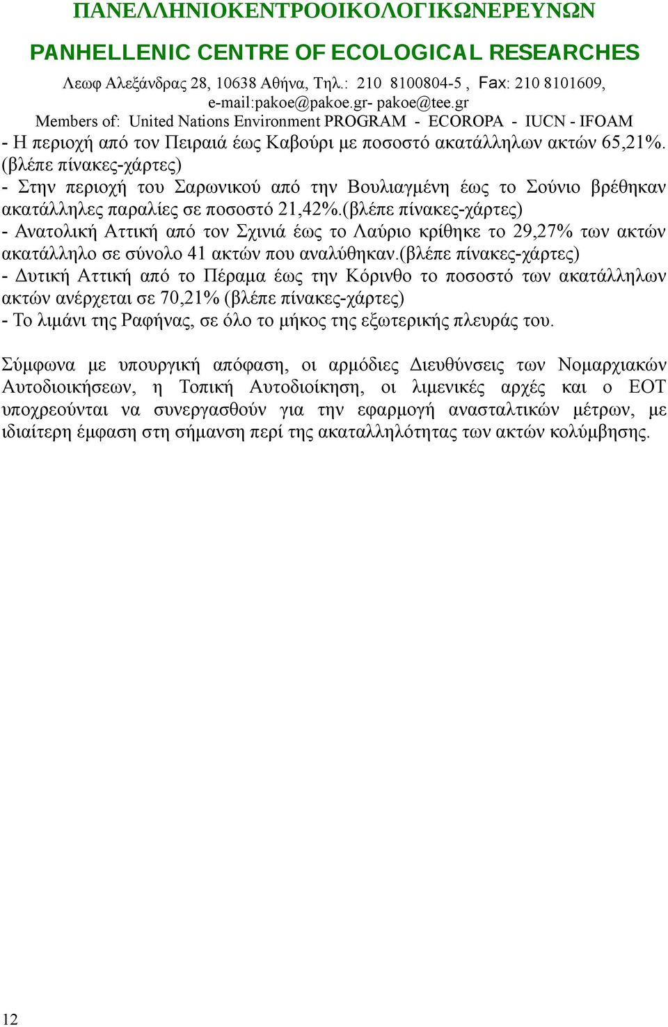 (βλέπε πίνακες-χάρτες) - Στην περιοχή του Σαρωνικού από την Βουλιαγμένη έως το Σούνιο βρέθηκαν ακατάλληλες παραλίες σε ποσοστό 21,42%.