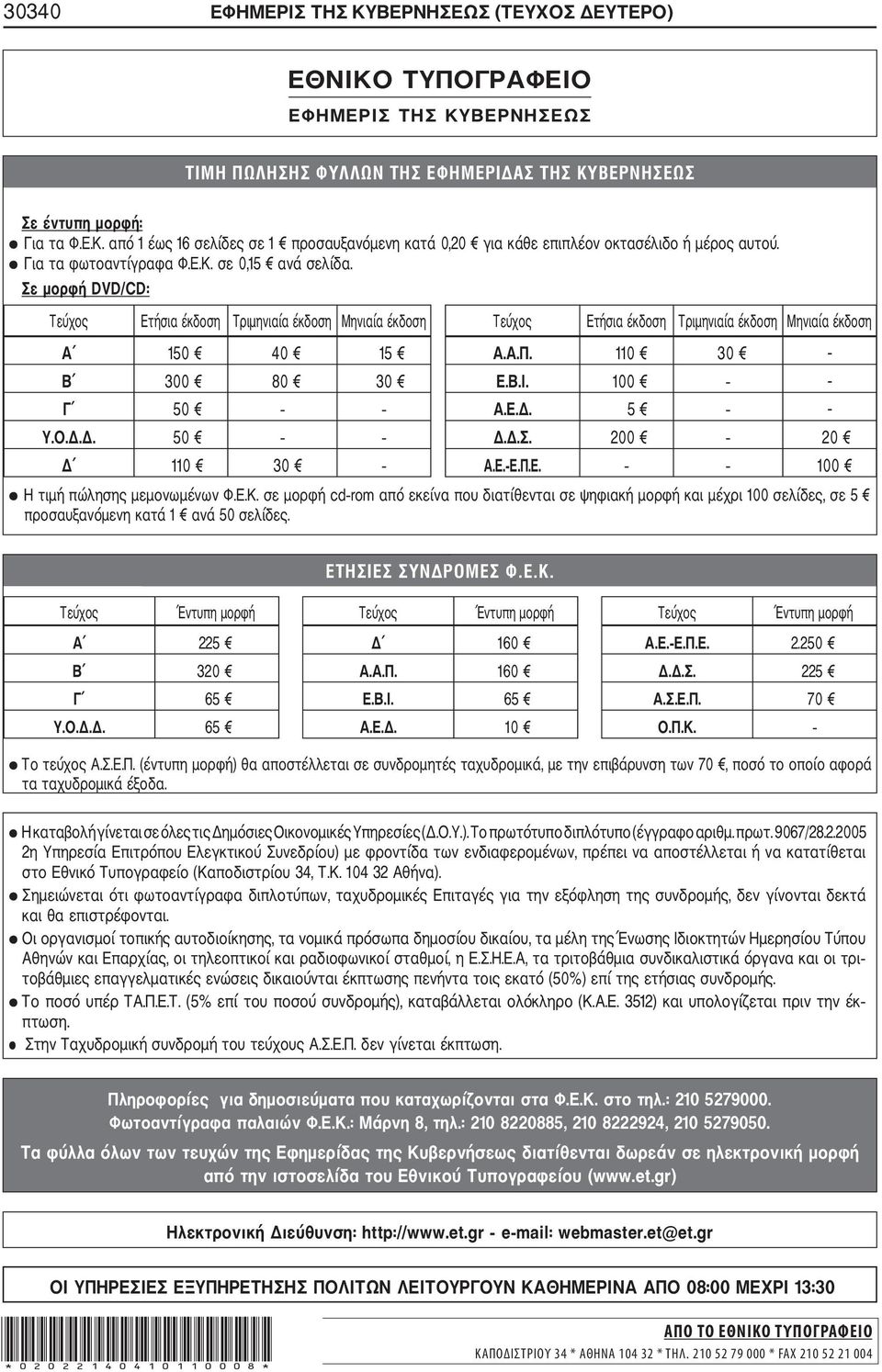 110 30 - Β 300 80 30 Ε.Β.Ι. 100 - Γ 50 Α.Ε.. 5 - Υ.Ο... 50..Σ. 200 20 110 30 Α.Ε. Ε.Π.Ε. 100 Η τιµή πώλησης µεµονωµένων Φ.Ε.Κ.