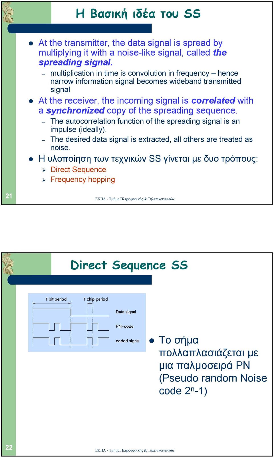 a synchronized copy of the spreading sequence. The autocorrelation function of the spreading signal is an impulse (ideally).