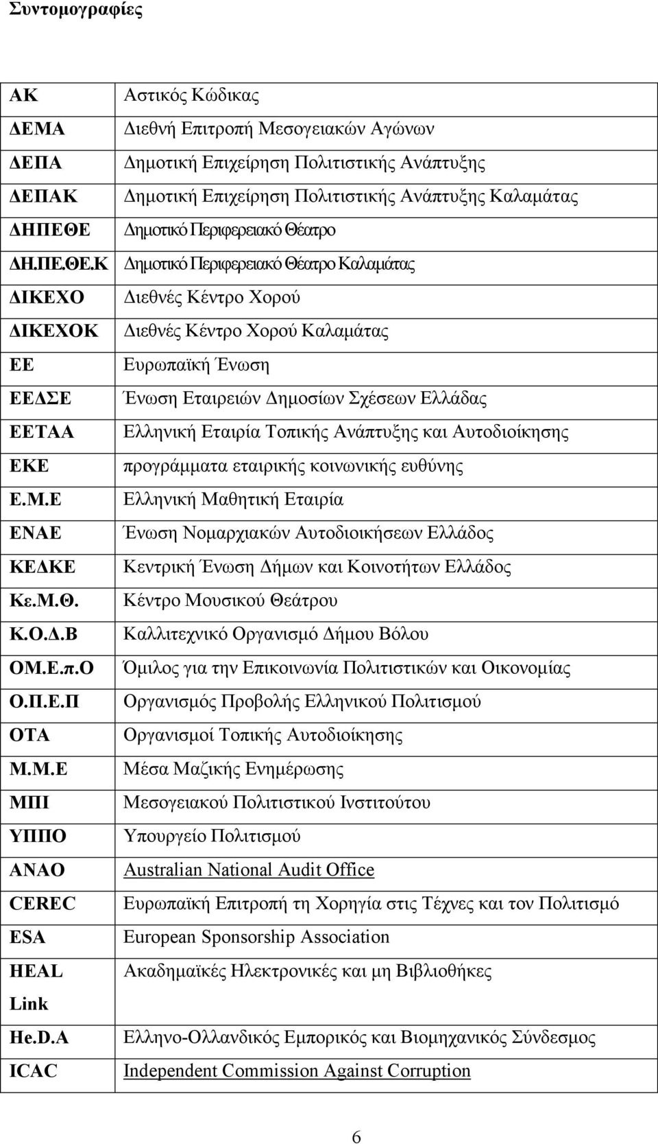 Κ ηµοτικό Περιφερειακό Θέατρο Καλαµάτας ΙΚΕΧΟ ιεθνές Κέντρο Χορού ΙΚΕΧΟΚ ιεθνές Κέντρο Χορού Καλαµάτας ΕΕ Ευρωπαϊκή Ένωση ΕΕ ΣΕ Ένωση Εταιρειών ηµοσίων Σχέσεων Ελλάδας ΕΕΤΑΑ Ελληνική Εταιρία Τοπικής