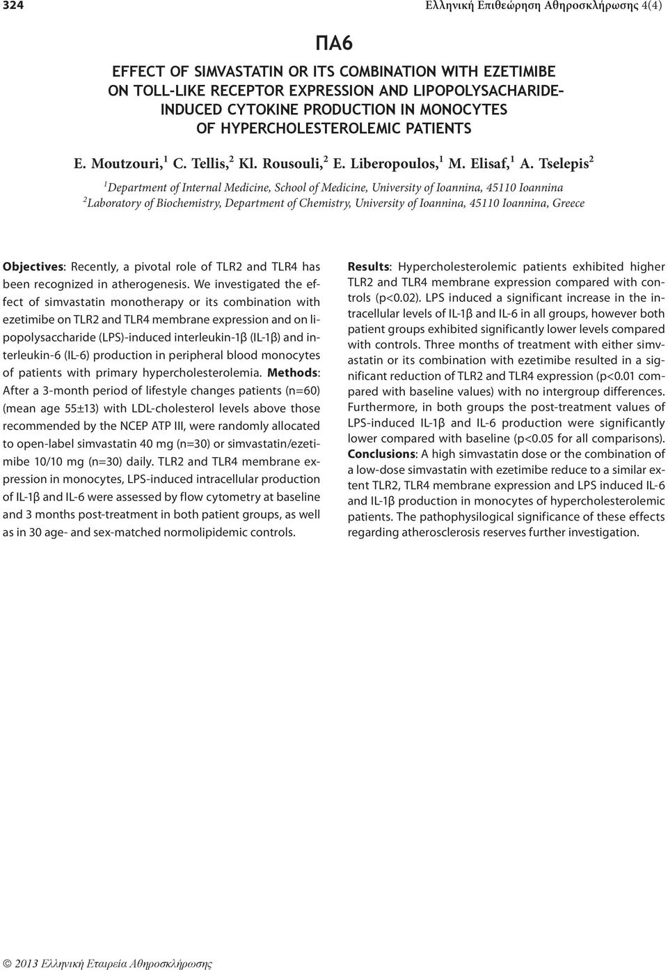 Tselepis 2 1 Department of Internal Medicine, School of Medicine, University of Ioannina, 45110 Ioannina 2 Laboratory of Biochemistry, Department of Chemistry, University of Ioannina, 45110 Ioannina,