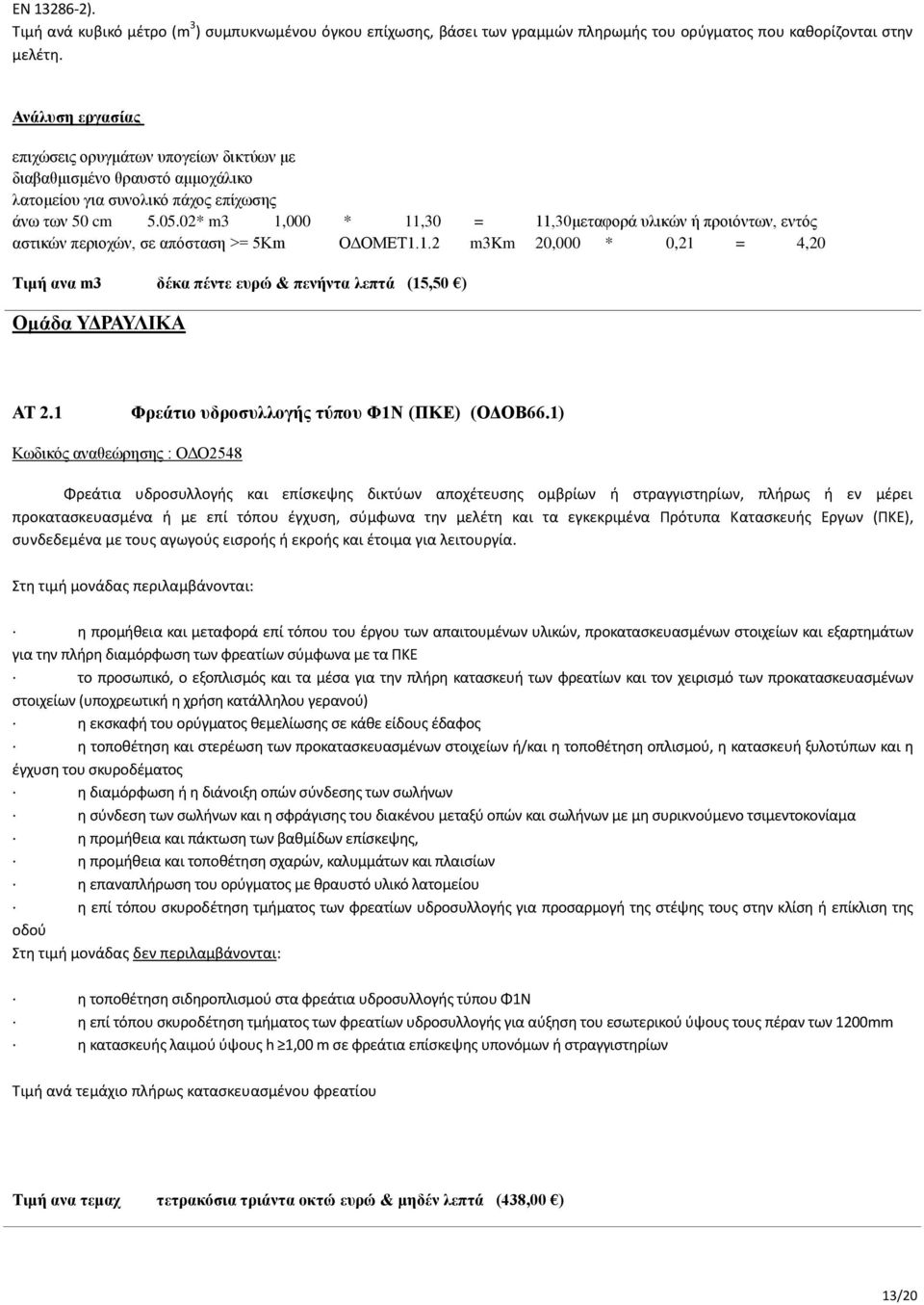 02* m3 1,000 * 11,30 = 11,30μεταφορά υλικών ή προιόντων, εντός αστικών περιοχών, σε απόσταση >= 5Km ΟΔΟΜΕΤ1.1.2 m3km 20,000 * 0,21 = 4,20 Τιμή ανα m3 δέκα πέντε ευρώ & πενήντα λεπτά (15,50 ) Ομάδα ΥΔΡΑΥΛΙΚΑ ΑΤ 2.