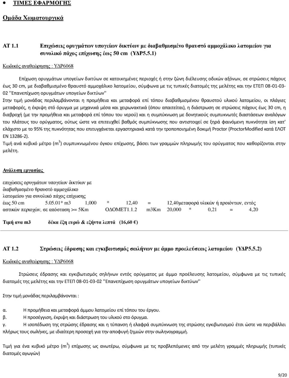 5.1) Κωδικός αναθεώρησης : ΥΔΡ6068 Επίχωση ορυγμάτων υπογείων δικτύων σε κατοικημένες περιοχές ή στην ζώνη διέλευσης οδικών αξόνων, σε στρώσεις πάχους έως 30 cm, με διαβαθμισμένο θραυστό αμμοχάλικο