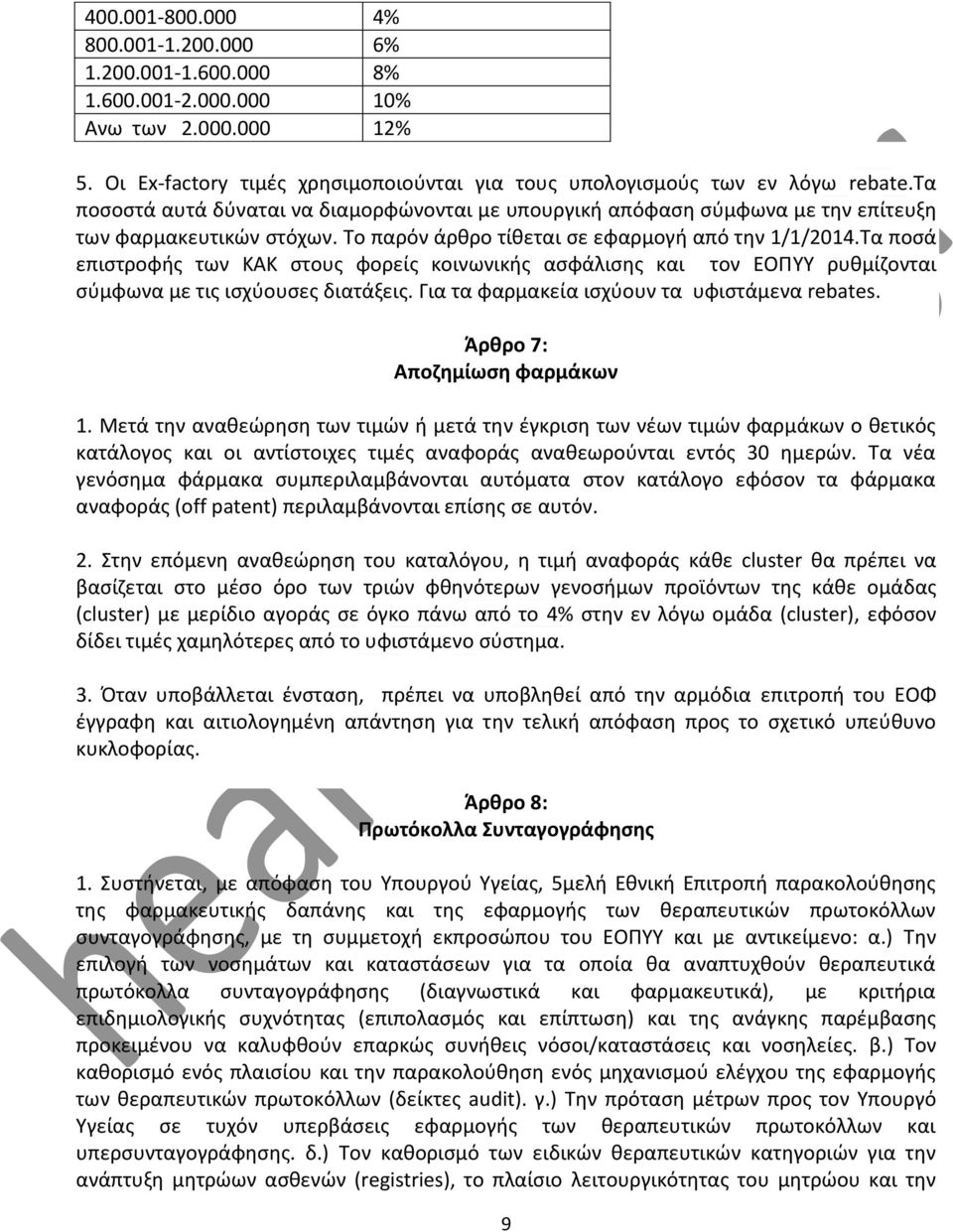 Τα ποσά επιστροφής των ΚΑΚ στους φορείς κοινωνικής ασφάλισης και τον ΕΟΠΥΥ ρυθμίζονται σύμφωνα με τις ισχύουσες διατάξεις. Για τα φαρμακεία ισχύουν τα υφιστάμενα rebates.