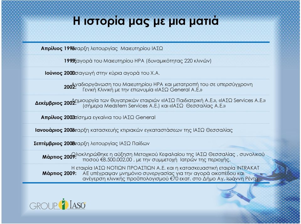 General Ιανουάριος 2006: Έναρξη κατασκευής κτιριακών εγκαταστάσεων της ΙΑΣΩ Θεσσαλίας Σεπτέμβριος 2008: Έναρξη λειτουργίας ΙΑΣΩ Παίδων Ολοκληρώθηκε η αύξηση Μετοχικού Κεφαλαίου της ΙΑΣΩ Θεσσαλίας,