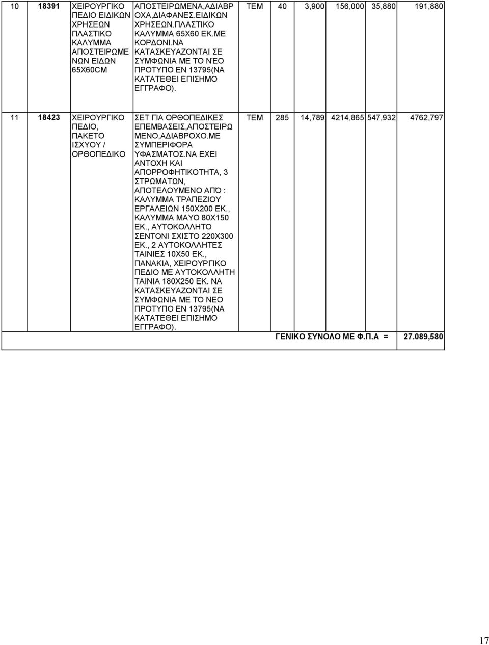 TEM 40 3,900 156,000 35,880 191,880 11 18423 ΧΕΙΡΟΥΡΓΙΚΟ ΠΕΔΙΟ, ΠΑΚΕΤΟ ΙΣΧΥΟΥ / ΟΡΘΟΠΕΔΙΚΟ ΣΕΤ ΓΙΑ ΟΡΘΟΠΕΔΙΚΕΣ ΕΠΕΜΒΑΣΕΙΣ,ΑΠΟΣΤΕΙΡΩ ΜΕΝΟ,ΑΔΙΑΒΡΟΧΟ.ΜΕ ΣΥΜΠΕΡΙΦΟΡΑ ΥΦΑΣΜΑΤΟΣ.