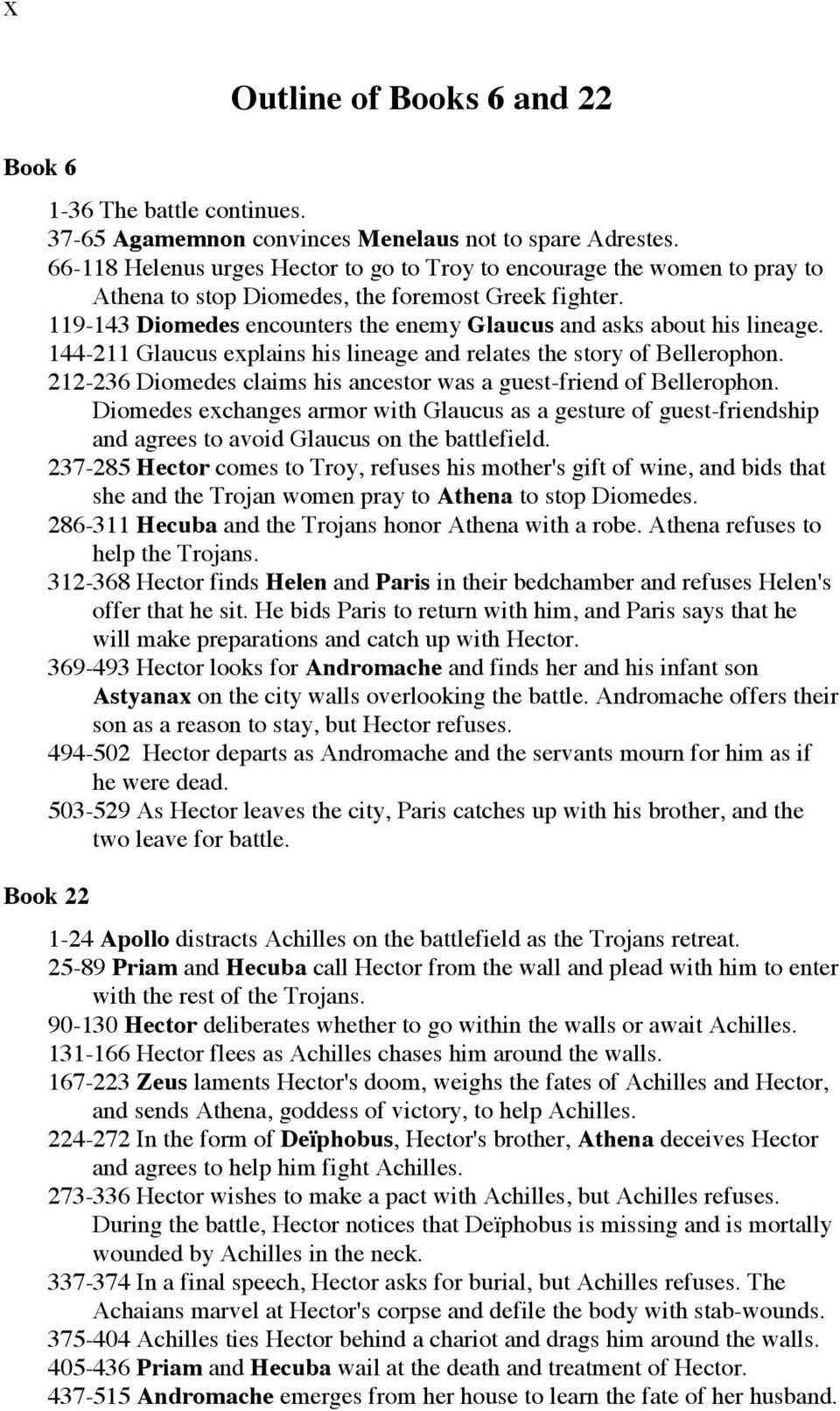 119-143 Diomedes encounters the enemy Glaucus and asks about his lineage. 144-211 Glaucus explains his lineage and relates the story of Bellerophon.