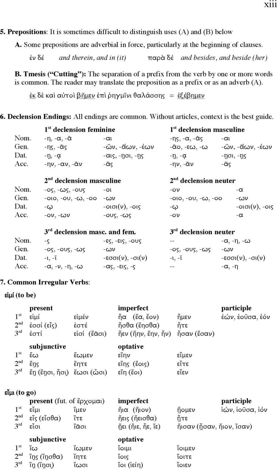 The reader may translate the preposition as a prefix or as an adverb (A). ἐκ δὲ καὶ αὐτοὶ βῆµεν ἐπὶ ῥηγµῖνι θαλάσσης = ἐξέβηµεν 6. Declension Endings: All endings are common.