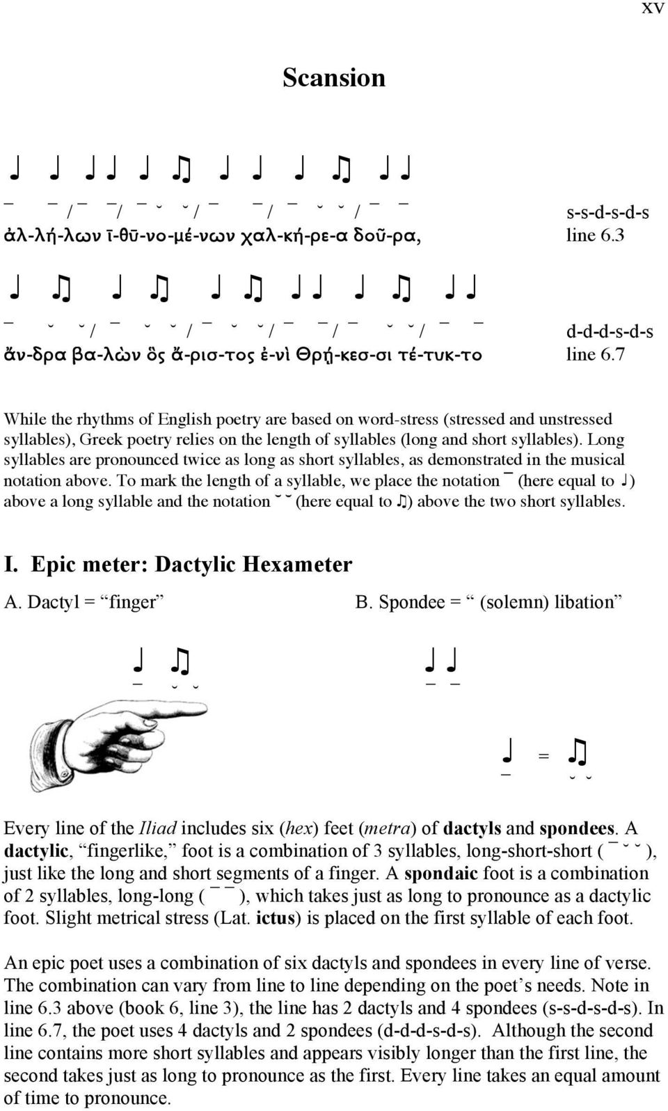 Long syllables are pronounced twice as long as short syllables, as demonstrated in the musical notation above.