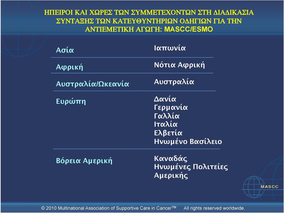 Αυστραλία/Ωκεανία Ευρώπη Βόρεια Αμερική Ιαπωνία Νότια Αφρική Αυστραλία