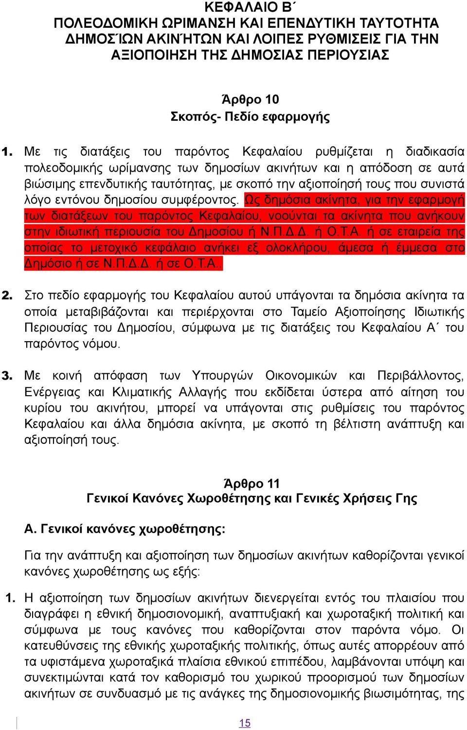 συνιστά λόγο εντόνου δημοσίου συμφέροντος. Ως δημόσια ακίνητα, για την εφαρμογή των διατάξεων του παρόντος Κεφαλαίου, νοούνται τα ακίνητα που ανήκουν στην ιδιωτική περιουσία του Δημοσίου ή Ν.Π.Δ.Δ. ή Ο.