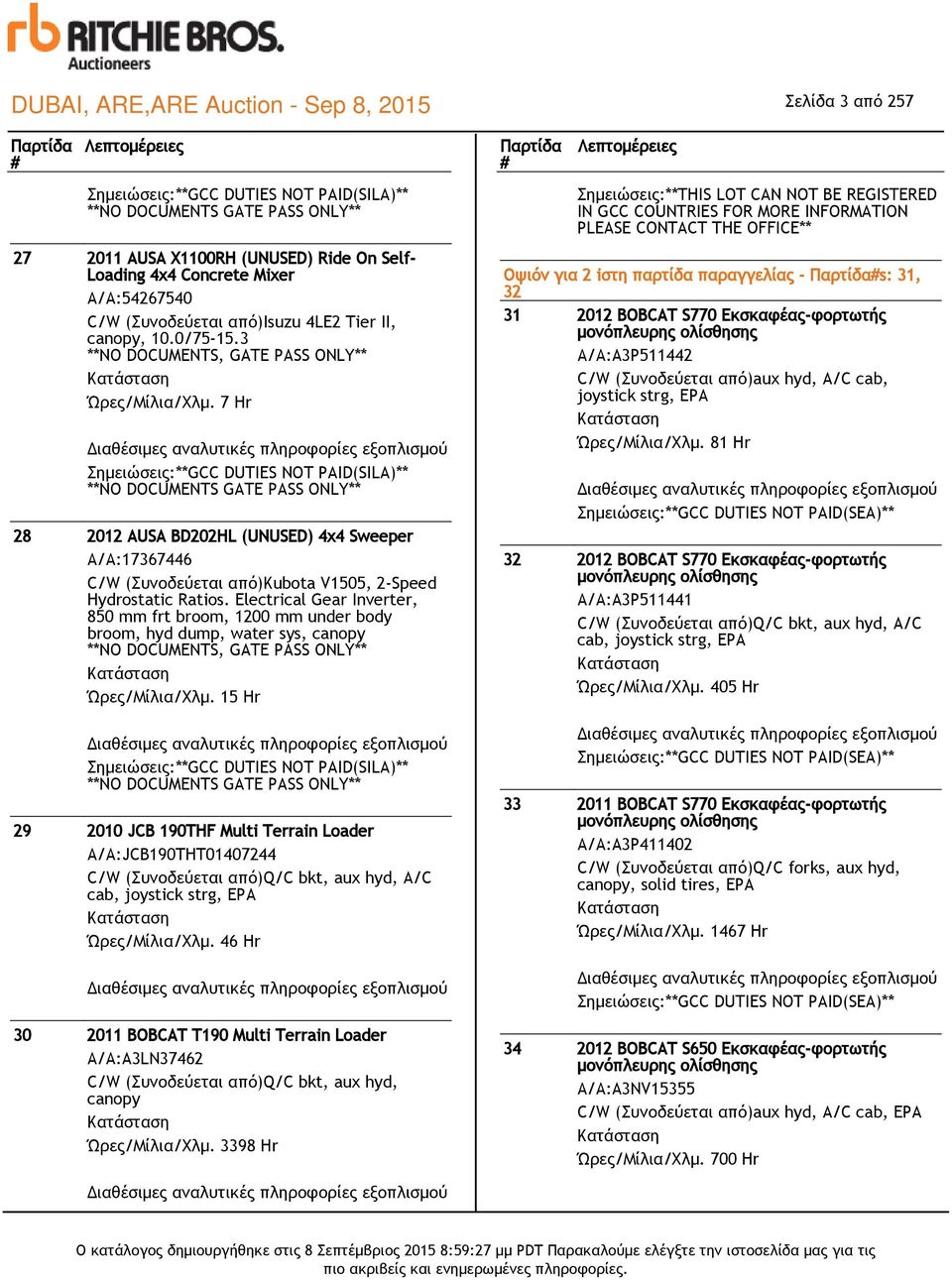 7 Hr Σημειώσεις:**GCC DUTIES NOT PAID(SILA)** **NO DOCUMENTS GATE PASS ONLY** 28 2012 AUSA BD202HL (UNUSED) 4x4 Sweeper Α/Α:17367446 C/W (Συνοδεύεται από)kubota V1505, 2-Speed Hydrostatic Ratios.