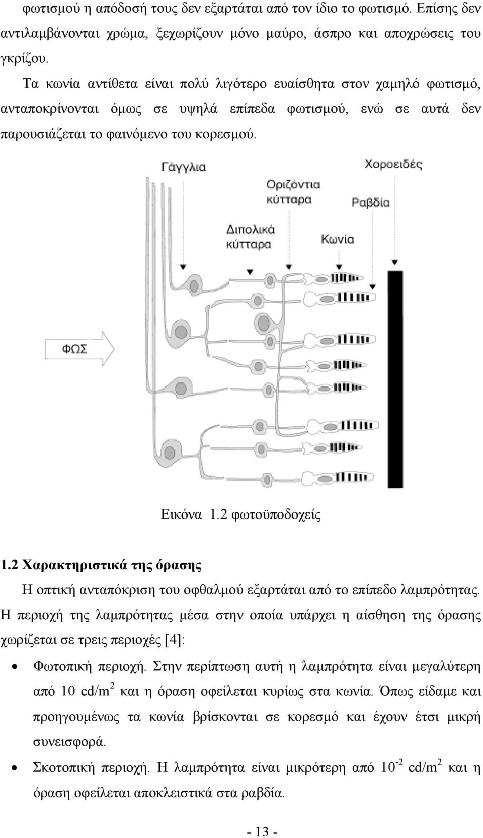 2 φωτοϋποδοχείς 1.2 Χαρακτηριστικά της όρασης Η οπτική ανταπόκριση του οφθαλµού εξαρτάται από το επίπεδο λαµπρότητας.