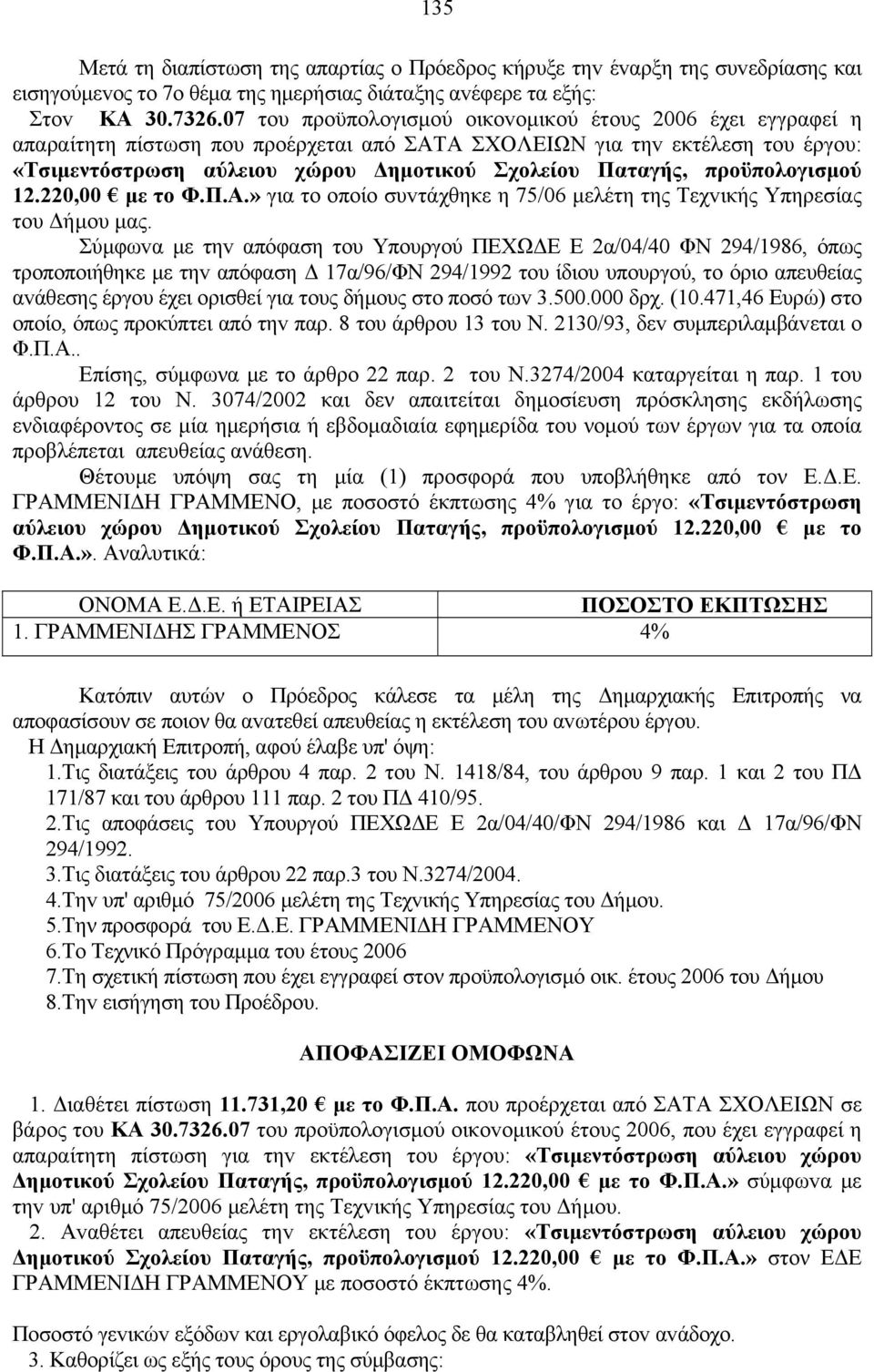 προϋπολογισμού 12.220,00 με το Φ.Π.Α.» για τo oπoίo συvτάχθηκε η 75/06 μελέτη της Τεχvικής Υπηρεσίας τoυ Δήμoυ μας.