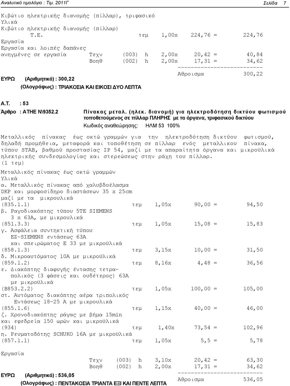 (Αριθμητικά) : 300,22 300,22 (Ολογράφως) : ΤΡΙΑΚΟΣΙΑ ΚΑΙ ΕΙΚΟΣΙ ΔΥΟ ΛΕΠΤΑ A.T. : 53 Άρθρο : ΑΤΗΕ Ν\9352.2 Πίνακας μεταλ. (ηλεκ.