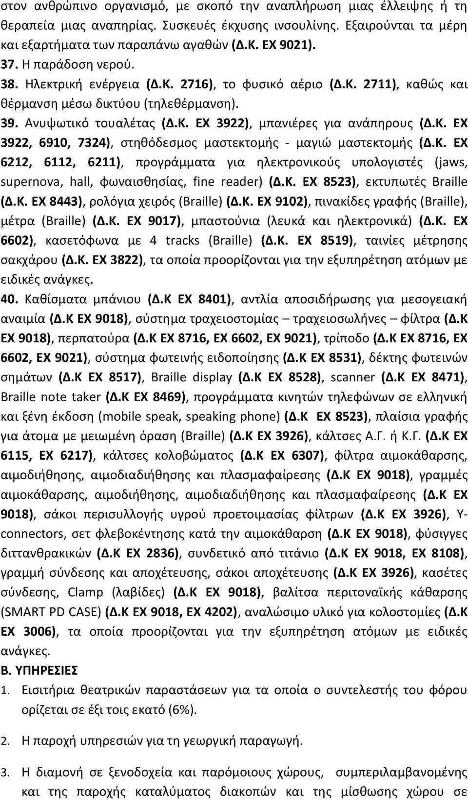 Κ. ΕΧ 6212, 6112, 6211), προγράμματα για ηλεκτρονικούς υπολογιστές (jaws, supernova, hall, φωναισθησίας, fine reader) (Δ.Κ. ΕΧ 8523), εκτυπωτές Braille (Δ.Κ. ΕΧ 8443), ρολόγια χειρός (Braille) (Δ.Κ. ΕΧ 9102), πινακίδες γραφής (Braille), μέτρα (Braille) (Δ.