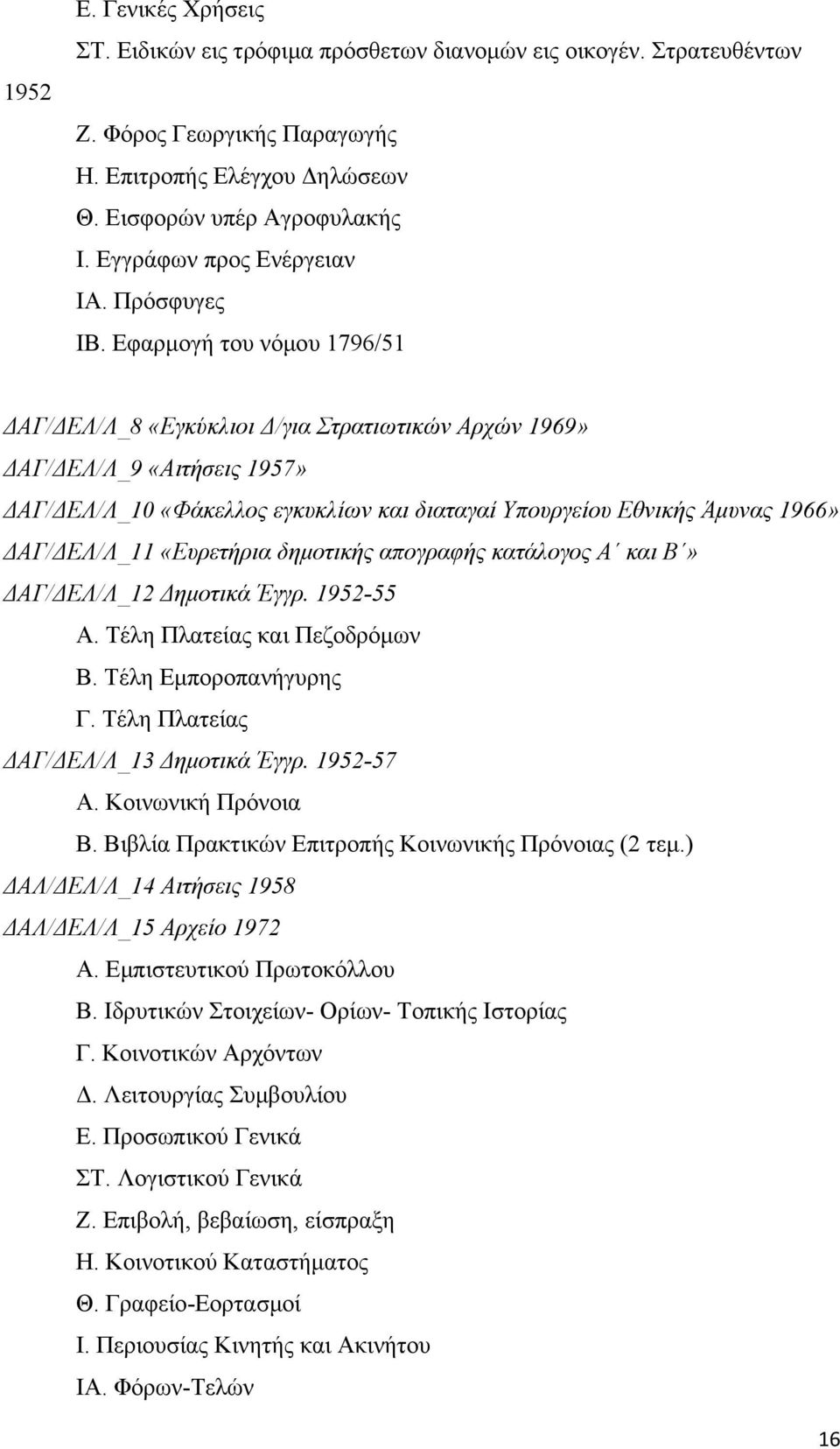 Εφαρμογή του νόμου 1796/51 ΔΑΓ/ΔΕΛ/Λ_8 «Εγκύκλιοι Δ/για Στρατιωτικών Αρχών 1969» ΔΑΓ/ΔΕΛ/Λ_9 «Αιτήσεις 1957» ΔΑΓ/ΔΕΛ/Λ_10 «Φάκελλος εγκυκλίων και διαταγαί Υπουργείου Εθνικής Άμυνας 1966» ΔΑΓ/ΔΕΛ/Λ_11