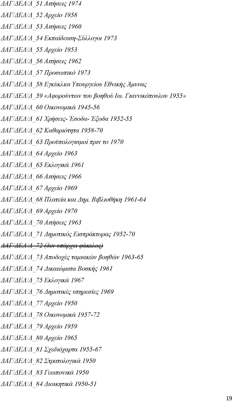 Γιαννικόπουλου 1955» ΔΑΓ/ΔΕΛ/Λ_60 Οικονομικά 1945-56 ΔΑΓ/ΔΕΛ/Λ_61 Χρήσεις- Έσοδα- Έξοδα 1952-55 ΔΑΓ/ΔΕΛ/Λ_62 Καθαριότητα 1958-70 ΔΑΓ/ΔΕΛ/Λ_63 Προϋπολογισμοί πριν το 1970 ΔΑΓ/ΔΕΛ/Λ_64 Αρχείο 1963