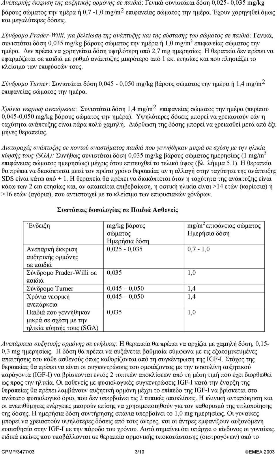 Σύνδροµο Prader-Willi, για βελτίωση της ανάπτυξης και της σύστασης του σώµατος σε παιδιά: Γενικά, συνιστάται δόση 0,035 mg/kg βάρους σώµατος την ηµέρα ή 1,0 mg/m 2 επιφανείας σώµατος την ηµέρα.
