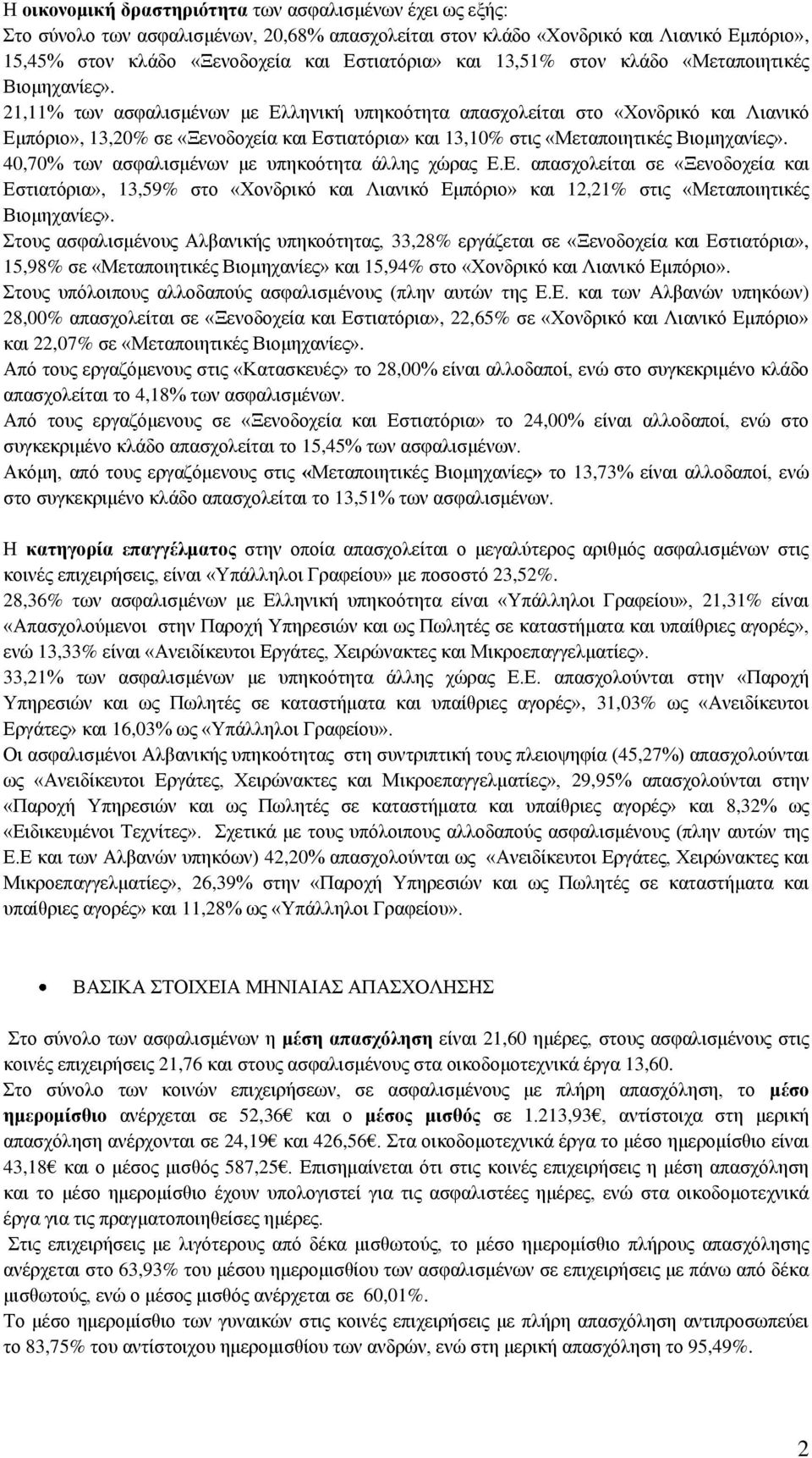 21,11 των ασφαλισμένων με Ελληνική υπηκοότητα απασχολείται στο «Χονδρικό και Λιανικό Εμπόριο», 13,20 σε «Ξενοδοχεία και Εστιατόρια» και 13,10 στις «Μεταποιητικές Βιομηχανίες».