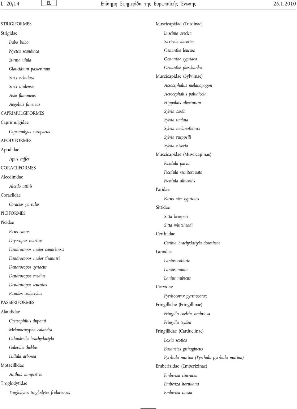 2010 STRIGIFORMES Strigidae Bubo bubo Nyctea scandiaca Surnia ulula Glaucidium passerinum Strix nebulosa Strix uralensis Asio flammeus Aegolius funereus CAPRIMULGIFORMES Caprimulgidae Caprimulgus