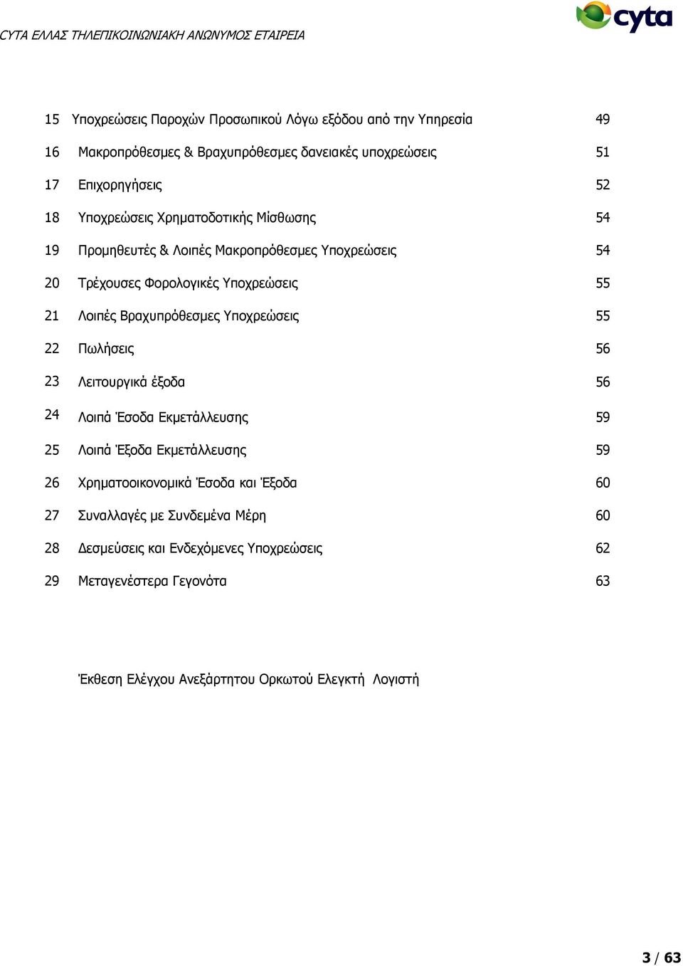 Υποχρεώσεις 55 22 Πωλήσεις 56 23 Λειτουργικά έξοδα 56 24 Λοιπά Έσοδα Εκμετάλλευσης 59 25 Λοιπά Έξοδα Εκμετάλλευσης 59 26 Χρηματοοικονομικά Έσοδα και Έξοδα 60