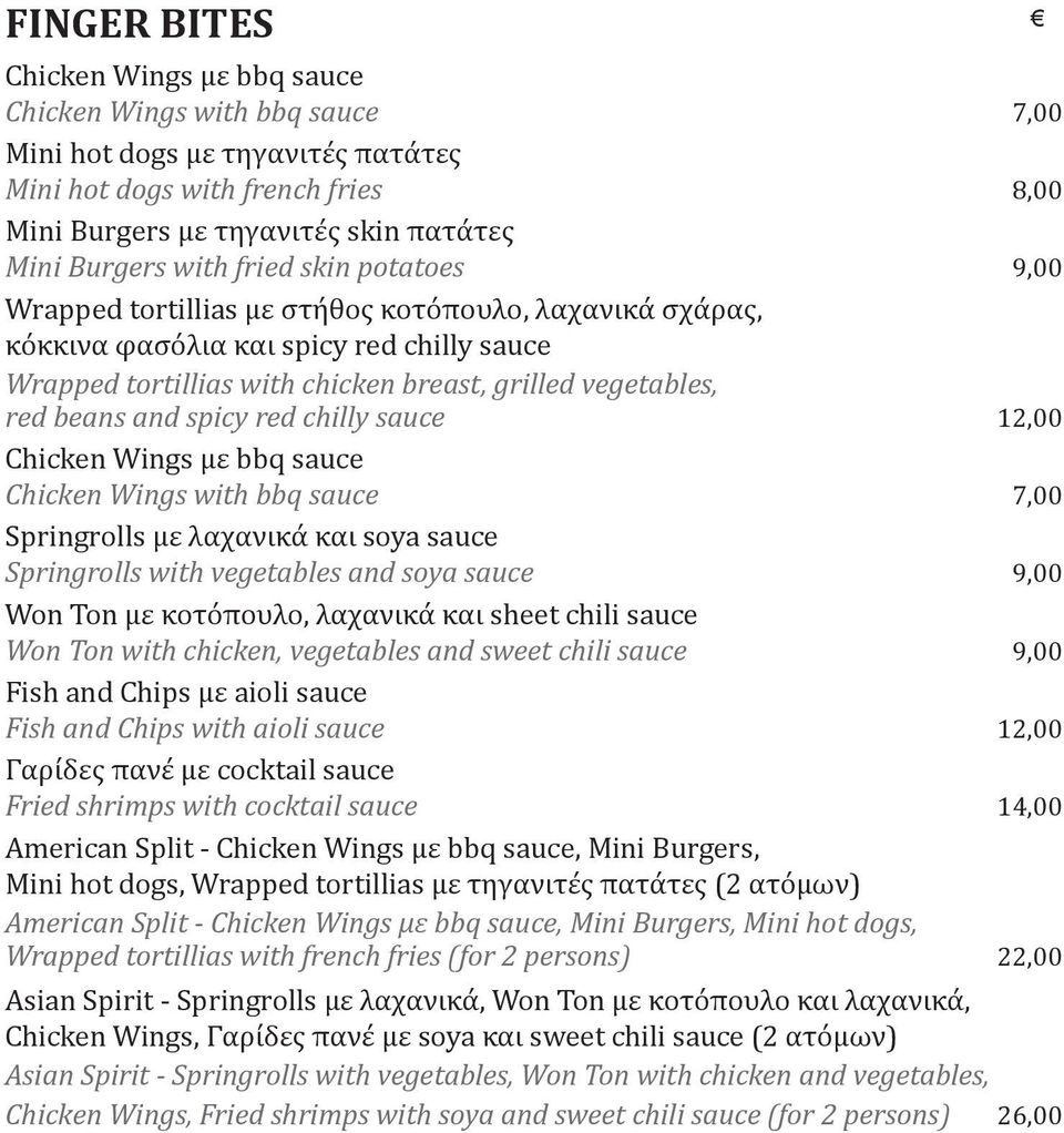 and spicy red chilly sauce 12,00 Chicken Wings με bbq sauce Chicken Wings with bbq sauce 7,00 Springrolls με λαχανικά και soya sauce Springrolls with vegetables and soya sauce 9,00 Won Ton με