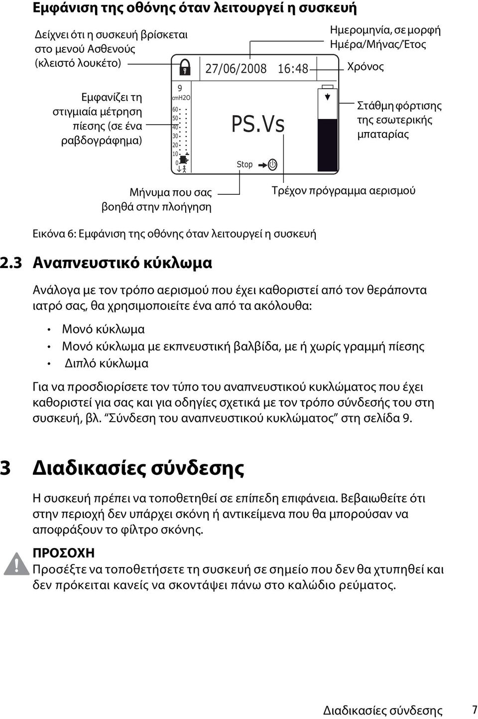 Vs Stop Στάθμη φόρτισης της εσωτερικής μπαταρίας Μήνυμα που σας βοηθά στην πλοήγηση Τρέχον πρόγραμμα αερισμού Εικόνα 6: Εμφάνιση της οθόνης όταν λειτουργεί η συσκευή 2.