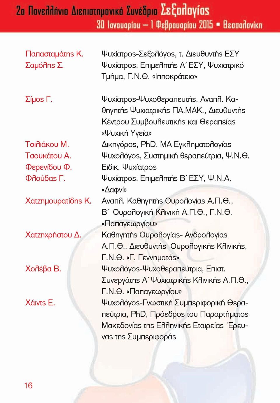 , Διευθυντής Κέντρου Συμβουλευτικής και Θεραπείας «Ψυχική Υγεία» Δικηγόρος, PhD, MA Εγκληματολογίας Ψυχολόγος, Συστημική θεραπεύτρια, Ψ.Ν.Θ. Ειδικ. Ψυχίατρος Ψυχίατρος, Επιμελητής Β ΕΣΥ, Ψ.Ν.Α.