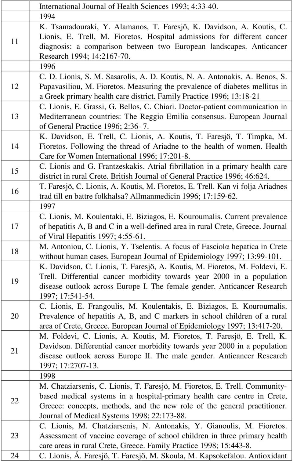 Benos, S. 12 Papavasiliou, M. Fioretos. Measuring the prevalence of diabetes mellitus in a Greek primary health care district. Family Practice 1996; 13:18-21 C. Lionis, E. Grassi, G. Bellos, C.