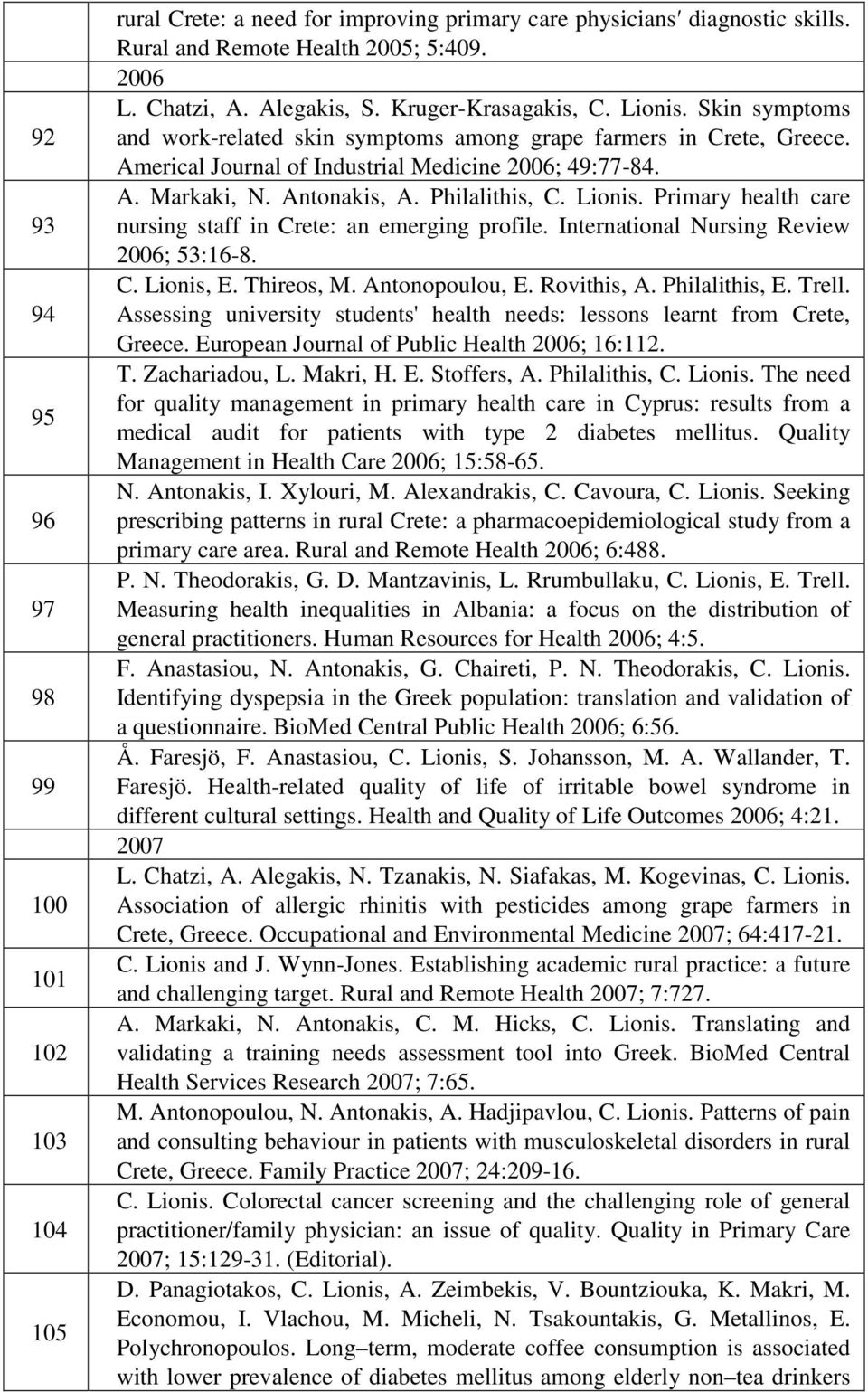 Philalithis, C. Lionis. Primary health care nursing staff in Crete: an emerging profile. International Nursing Review 2006; 53:16-8. C. Lionis, E. Thireos, M. Antonopoulou, E. Rovithis, A.