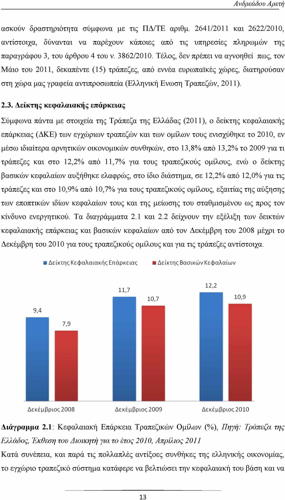 Δείκτης κεφαλαιακής επάρκειας Σύμφωνα πάντα με στοιχεία της Τράπεζα της Ελλάδας (2011), ο δείκτης κεφαλαιακής επάρκειας (ΔΚΕ) των εγχώριων τραπεζών και των ομίλων τους ενισχύθηκε το 2010, εν μέσω