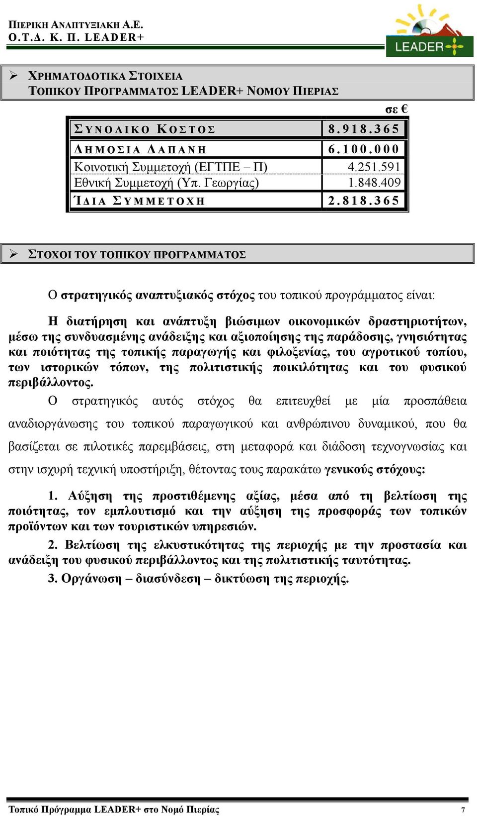 365 ΣΤΟΧΟΙ ΤΟΥ ΤΟΠΙΚΟΥ ΠΡΟΓΡΑΜΜΑΤΟΣ Ο στρατηγικός αναπτυξιακός στόχος του τοπικού προγράμματος είναι: Η διατήρηση και ανάπτυξη βιώσιμων οικονομικών δραστηριοτήτων, μέσω της συνδυασμένης ανάδειξης και