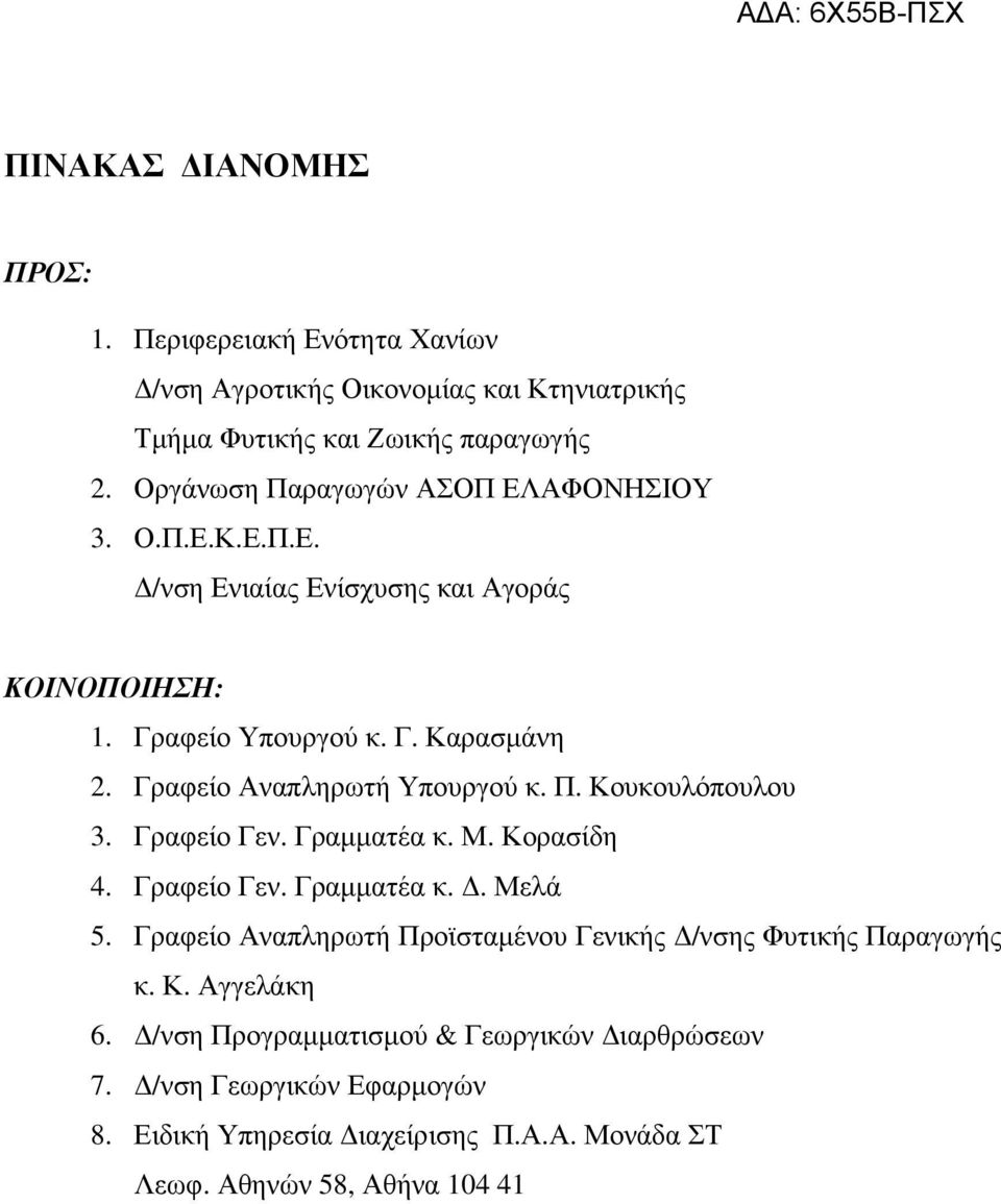 Γραφείο Αναπληρωτή Υπουργού κ. Π. Κουκουλόπουλου 3. Γραφείο Γεν. Γραµµατέα κ. Μ. Κορασίδη 4. Γραφείο Γεν. Γραµµατέα κ.. Μελά 5.