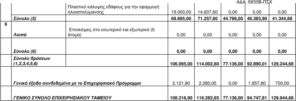 344,68 Λοιπά Επισκέψεις στο εσωτερικό και εξωτερικό (5 άτοµα) 0,00 0,00 0,00 0,00 0,00 Σύνολο (6) 0,00 0,00 0,00 0,00 0,00 Σύνολο