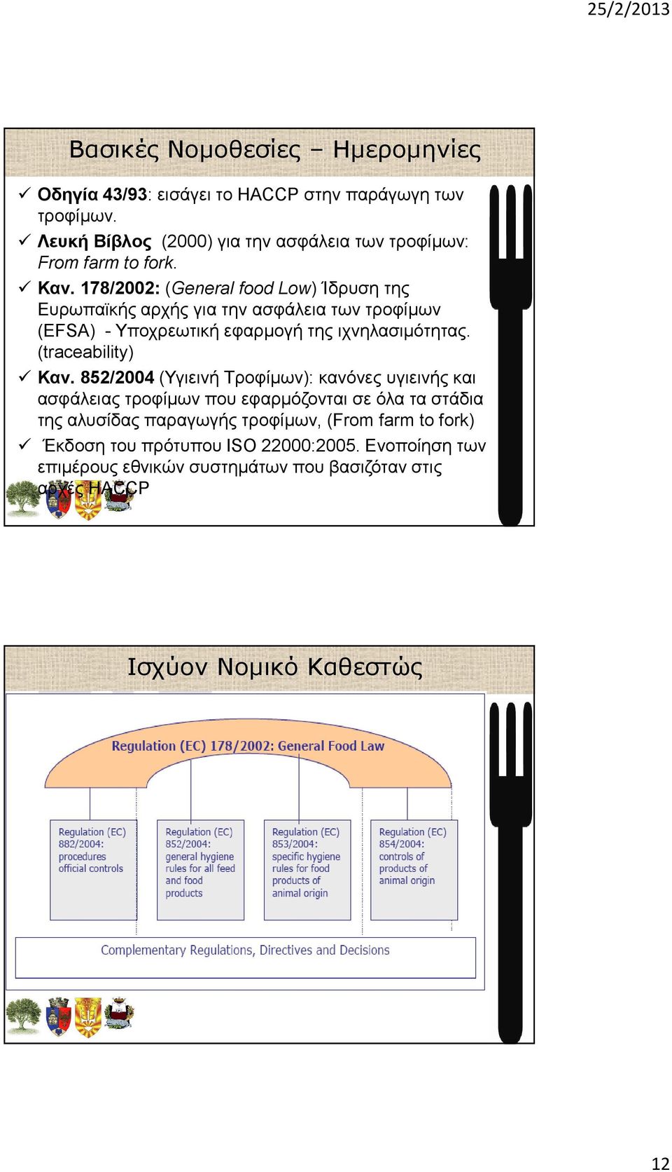 178/2002: (General food Low) Ίδρυση της Ευρωπαϊκής αρχής για την ασφάλεια των τροφίµων (EFSA) - Υποχρεωτική εφαρµογή της ιχνηλασιµότητας.