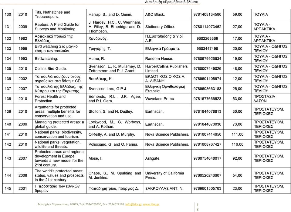 9780114973452 27,00 Π.Ευσταθιάδης & Υιοί Α.Ε. 9602263369 17,00 Γρηγόρης, Τ. Ελληνικά Γράμματα. 9603447498 20,00 134 1993 Birdwatching. Hume, R. Random House.