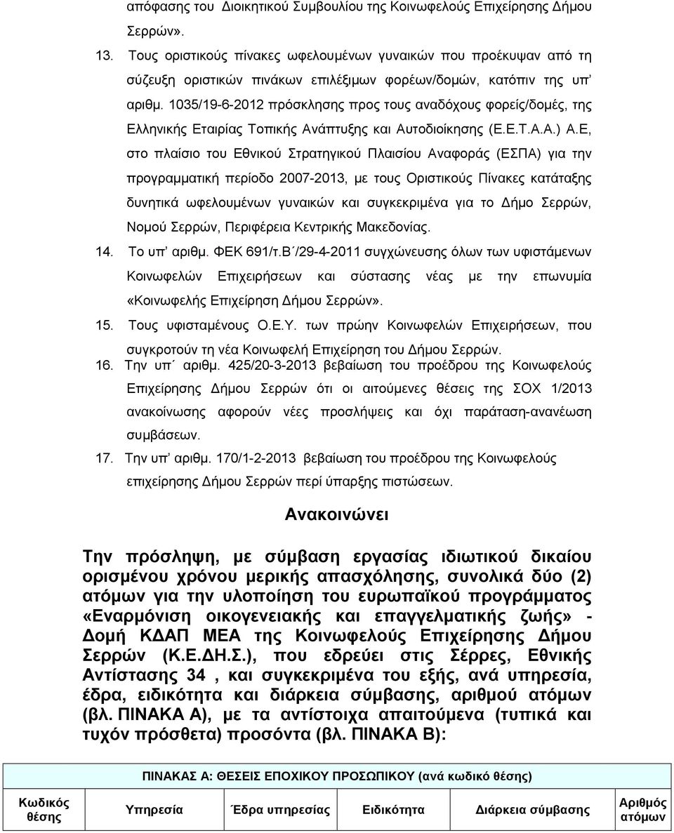 1035/19-6-2012 πρόσκλησης προς τους αναδόχους φορείς/δομές, της Ελληνικής Εταιρίας Τοπικής Ανάπτυξης και Αυτοδιοίκησης (Ε.Ε.Τ.Α.Α.) Α.