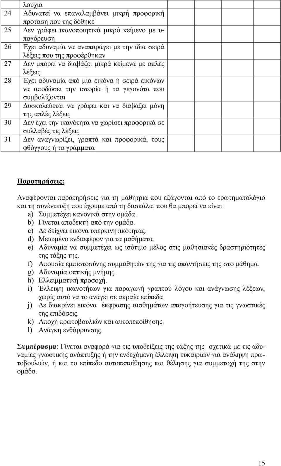 και να διαβάζει μόνη της απλές λέξεις 30 Δεν έχει την ικανότητα να χωρίσει προφορικά σε συλλαβές τις λέξεις 31 Δεν αναγνωρίζει, γραπτά και προφορικά, τους φθόγγους ή τα γράμματα Παρατηρήσεις: