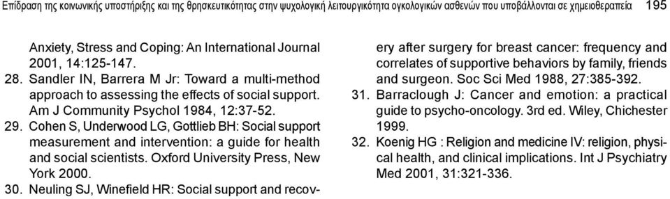 Cohen S, Underwood LG, Gottlieb BH: Social support measurement and intervention: a guide for health and social scientists. Oxford University ress, New York 2000. 30.