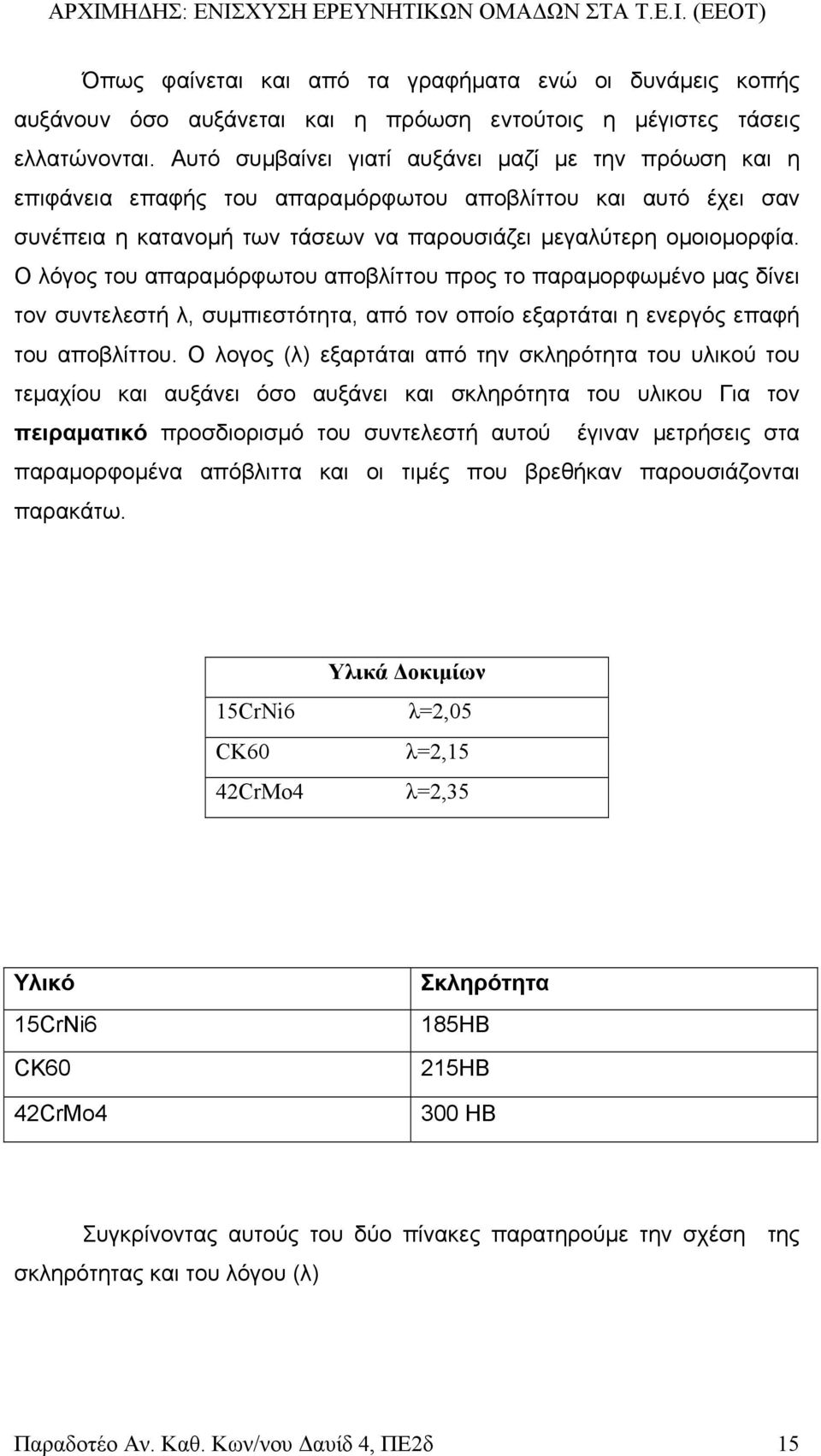 Ο λόγος του απαραµόρφωτου αποβλίττου προς το παραµορφωµένο µας δίνει τον συντελεστή λ, συµπιεστότητα, από τον οποίο εξαρτάται η ενεργός επαφή του αποβλίττου.