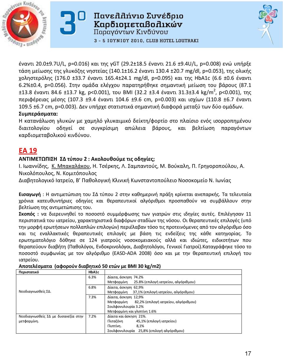 8 έναντι 84.6 ±13.7 kg, p<0.001), του ΒΜΙ (32.2 ±3.4 έναντι 31.3±3.4 kg/m 2, p<0.001), της περιφέρειας μέσης (107.3 ±9.4 έναντι 104.6 ±9.6 cm, p=0.003) και ισχίων (110.8 ±6.7 έναντι 109.5 ±6.