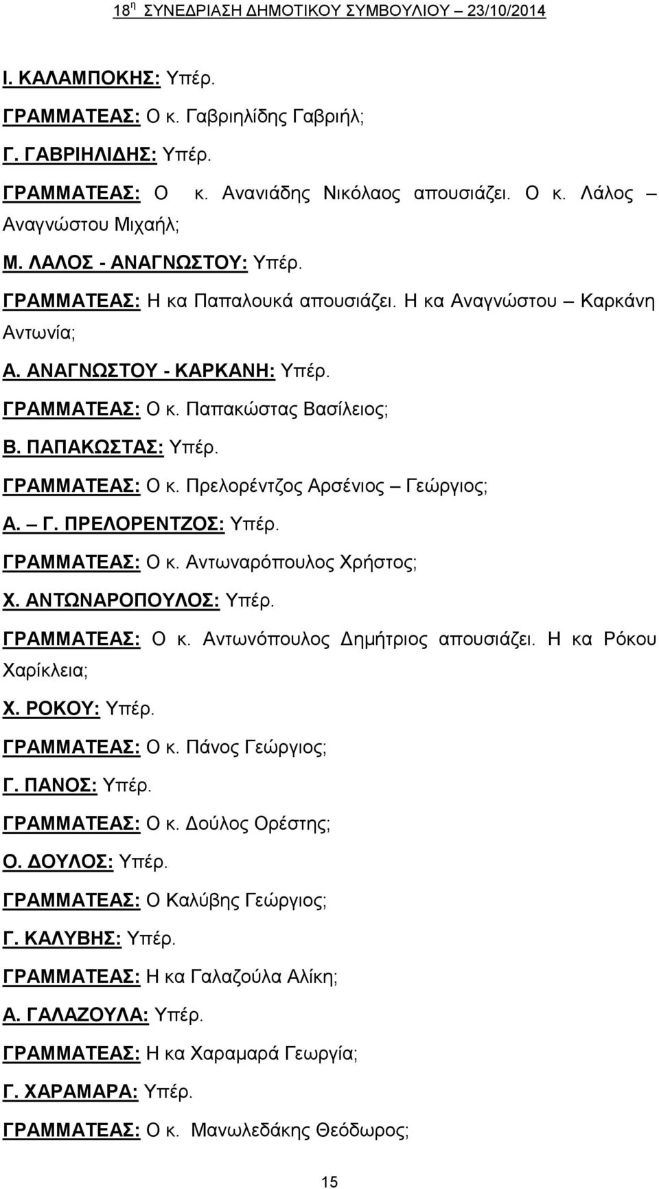 ΓΡΑΜΜΑΤΕΑΣ: Ο κ. Πρελορέντζος Αρσένιος Γεώργιος; Α. Γ. ΠΡΕΛΟΡΕΝΤΖΟΣ: Υπέρ. ΓΡΑΜΜΑΤΕΑΣ: Ο κ. Αντωναρόπουλος Χρήστος; Χ. ΑΝΤΩΝΑΡΟΠΟΥΛΟΣ: Υπέρ. ΓΡΑΜΜΑΤΕΑΣ: Ο κ. Αντωνόπουλος Δημήτριος απουσιάζει.