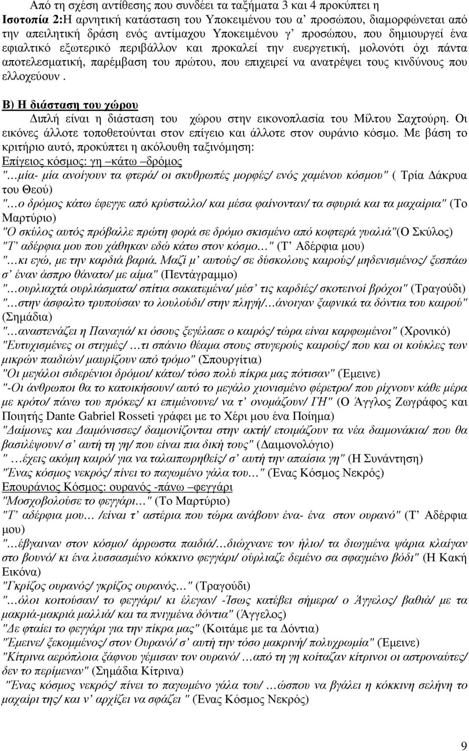 ελλοχεύουν. Β) Η διάσταση του χώρου ιπλή είναι η διάσταση του χώρου στην εικονοπλασία του Μίλτου Σαχτούρη. Οι εικόνες άλλοτε τοποθετούνται στον επίγειο και άλλοτε στον ουράνιο κόσµο.