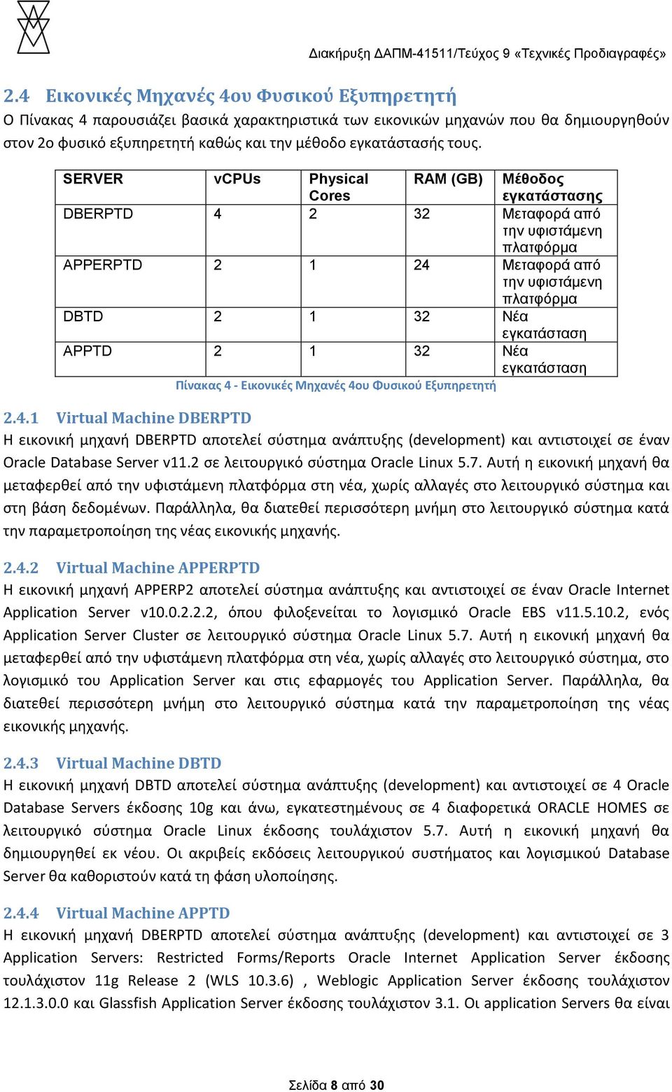 APPTD 2 1 32 Νέα εγκατάσταση Πίνακας 4 - Εικονικές Μηχανές 4ου Φυσικού Εξυπηρετητή 2.4.1 Virtual Machine DBERPTD Η εικονική μηχανή DBERPTD αποτελεί σύστημα ανάπτυξης (development) και αντιστοιχεί σε έναν Oracle Database Server v11.