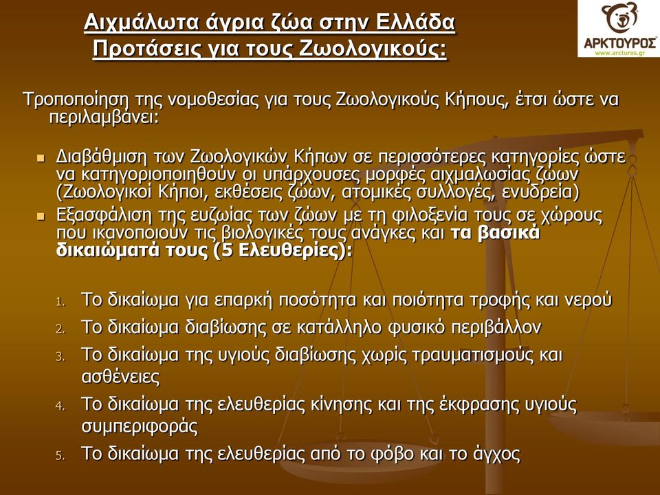 χώρους που ικανοποιούν τις βιολογικές τους ανάγκες και τα βασικά δικαιώματά τους (5 Ελευθερίες): 1. Το δικαίωμα για επαρκή ποσότητα και ποιότητα τροφής και νερού 2.