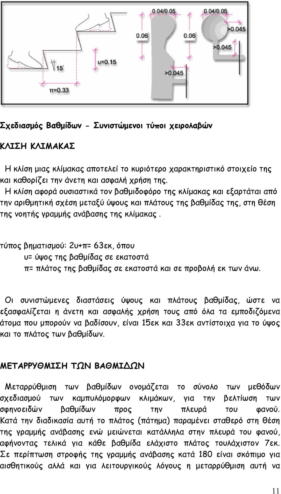 τύπος βηματισμού: 2υ+π= 63εκ, όπου υ= ύψος της βαθμίδας σε εκατοστά π= πλάτος της βαθμίδας σε εκατοστά και σε προβολή εκ των άνω.